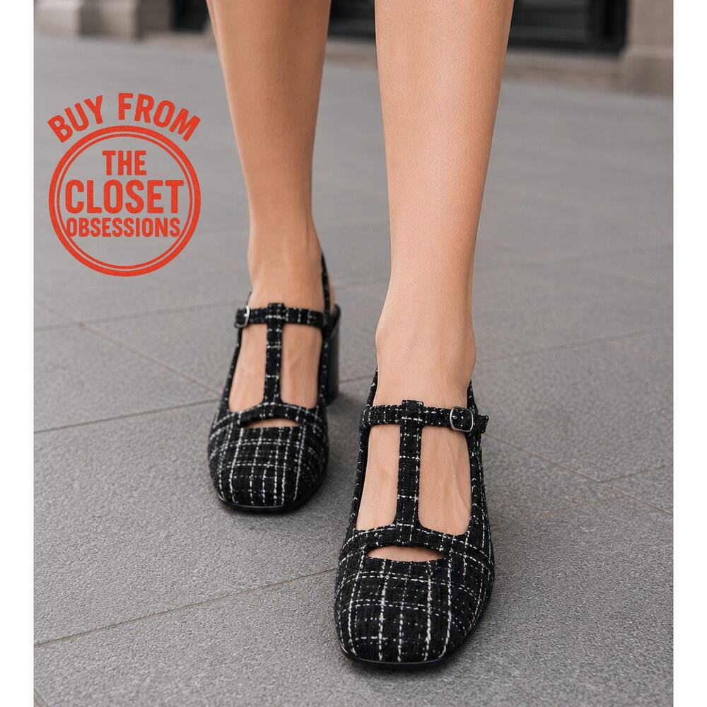 Zara NWT Black Tweed Mary Jane Slingback Block Heels 7.5 8